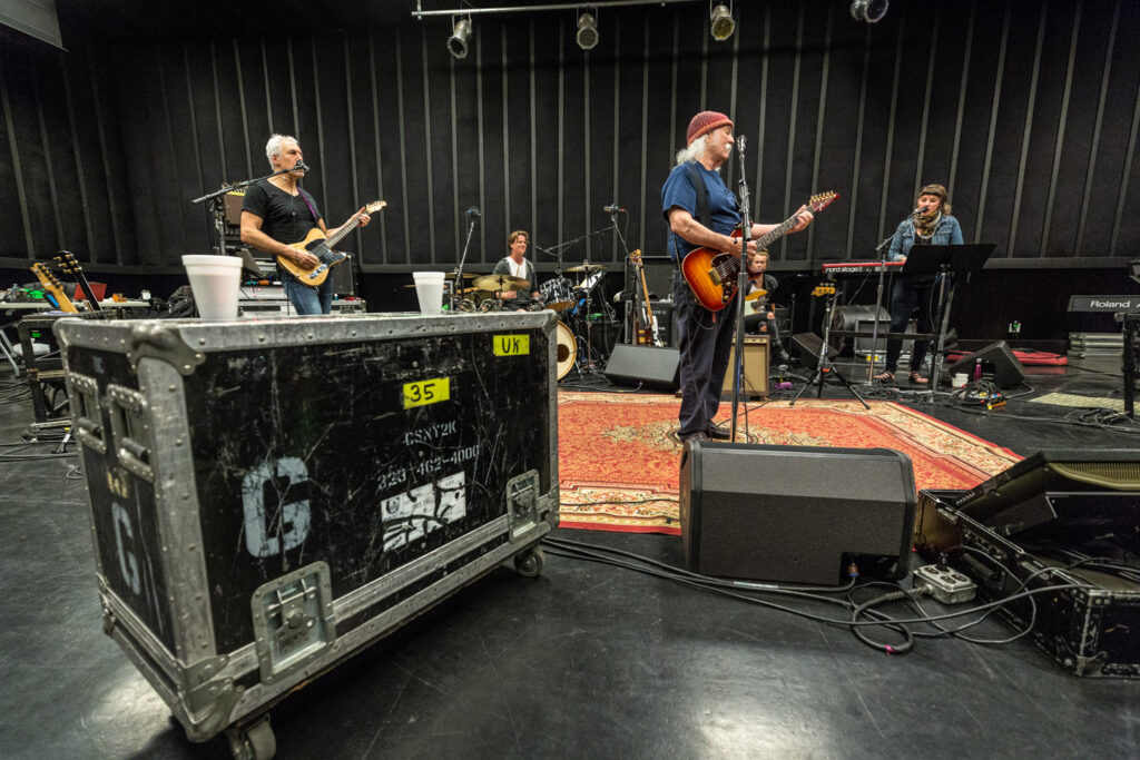 Wide shot of David Crosby and his band practicing at CenterStaging in Burbank before starting their 2017 tour