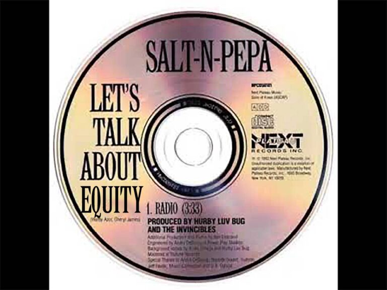 Altered image of the original salt-n-pepa compact disc single for let's talk about sex. instead it says let's talk about equity