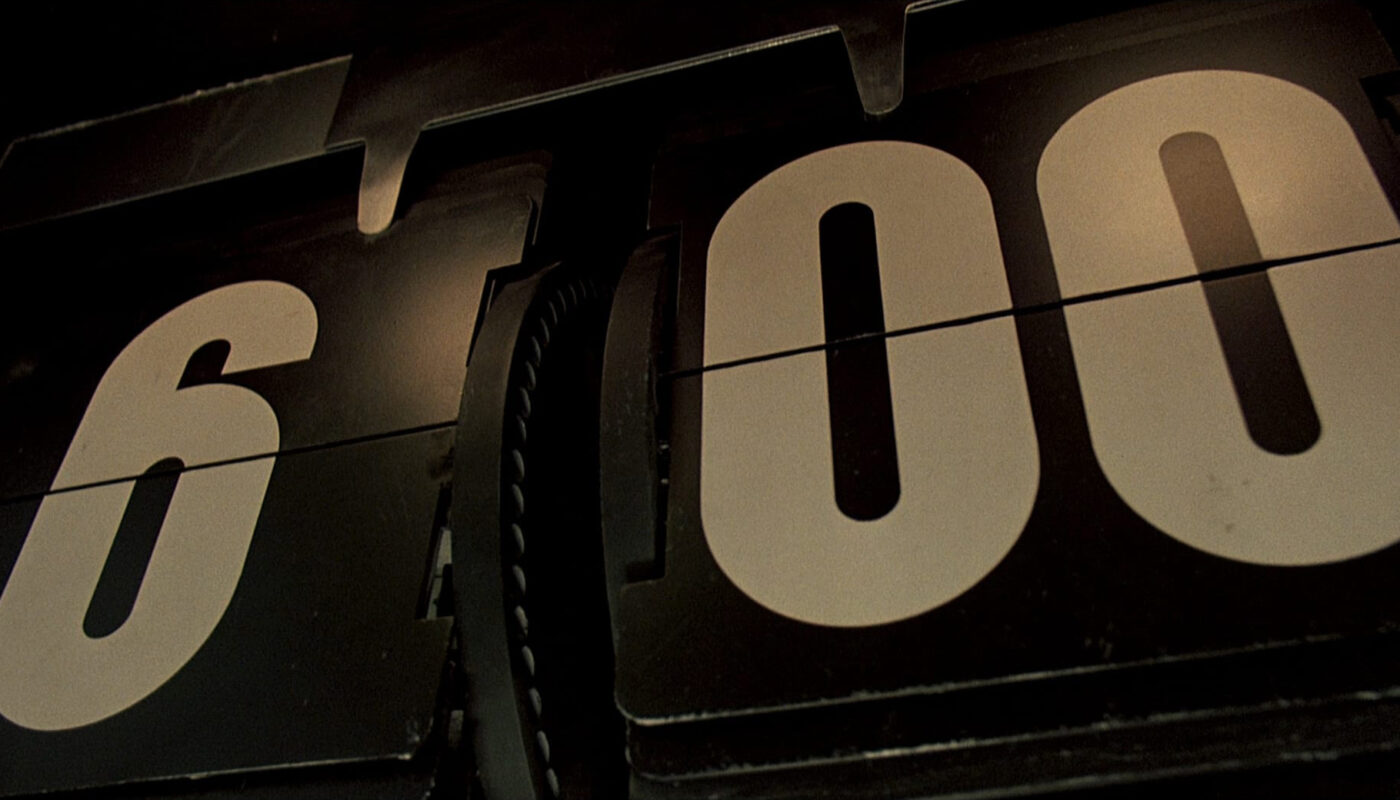 From the film, Groundhog Day, a giant clock reading 6:00AM