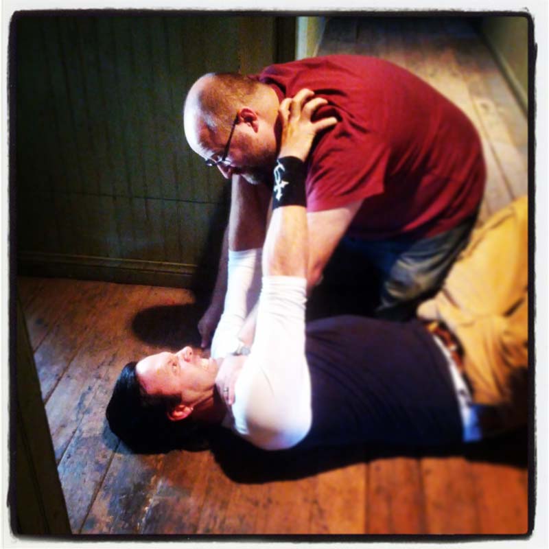 Director BJ McDonnell and crew standing in as camera stand-ins on the set of Penance Lane teaser trailer