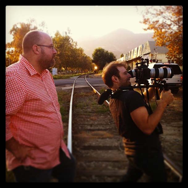 Cinematographer Dustin Pearlman shooting an oncoming train on location in Fillmore for Penance Lane teaser trailer